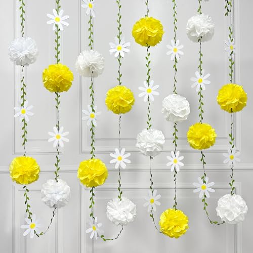 Daisy Party Decorations Yellow White Tissue Flowers Pom Pom Daisy Hanging Leaf Garland Streamer Banner for Spring Summer Themed Birthday Wedding Shower Tea Party Supplies Home Garden Decor - color: Yellow White Daisy