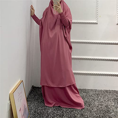 Women Muslim 2 Set Solid Color Plus Long Sleeve Thobe One-size Longuette Overall Abaya Thobe with Hoodied Hijab - color: Purple