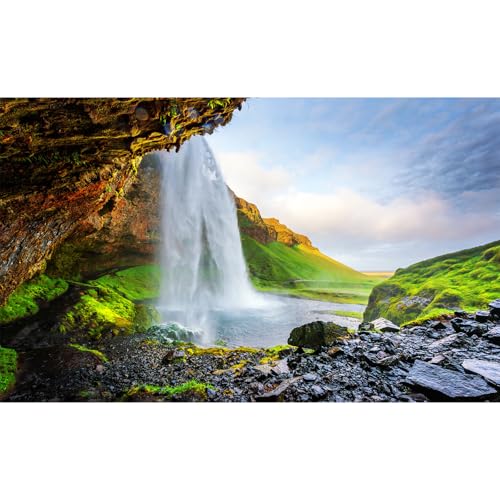 Sunrise Waterfall Aquarium Background Gorgeous Spring Natural Field Fish Tank Background Splendid Cascading Falls Terrarium Backgrounds Tranquil Stream Green Meadow Reptile Tank Backgrounds 24x12in - color: Green_Bule, size: 24(W)x12(H)in