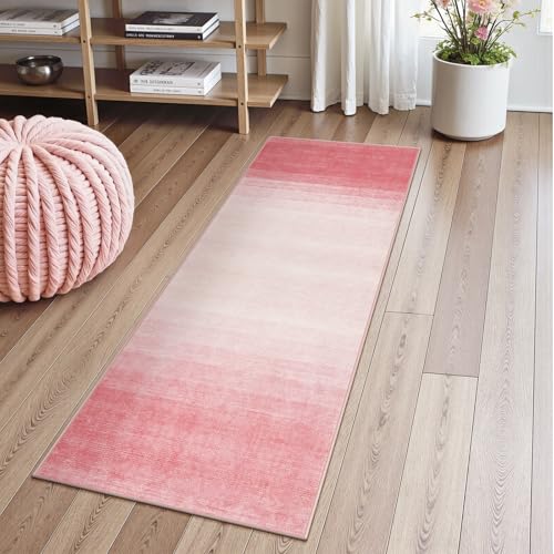 Wonnitar Washable Pink Rug Runners 2x6, Modern Ombre Bathroom Runner Rug, Contemporary Non-Slip Hallway Runner, Gradient Bedroom Girls Carpet Runner for Laundry Room Bath (Pink, 2'x6') - color: Pink, size: 2' x 6' (Rectangular)