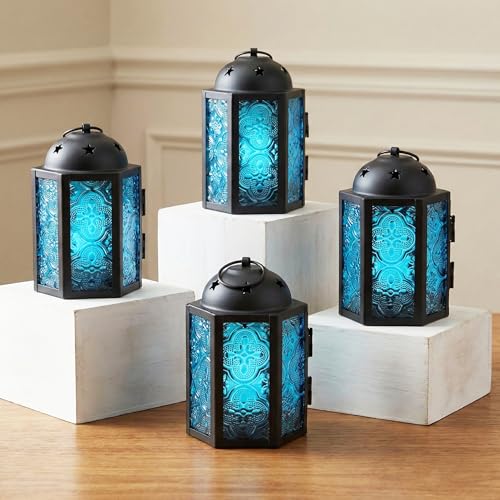 Vela Lanterns Decorative Indoor Mini Moroccan Tea Light Candle Holder, Blue | Votive Holders, Metal Hanging Lanterns, Table Centerpieces, Small Shelf, Turkish & Ramadan Decor, 4pc - color: Aqua Blue