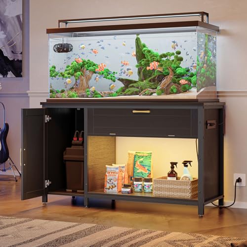 Bestier 55-75 Gal Fish Tank Stand with Power Outlet & LED Light, Black | RGB Led 22 Modes, Storage Cabinet With 3-Level Adjustable Shelf, Pull-Out Drawer, 37X18 In, 726Lbs Capacity, 4 Leveling Feet - size: 55-75 Gallon