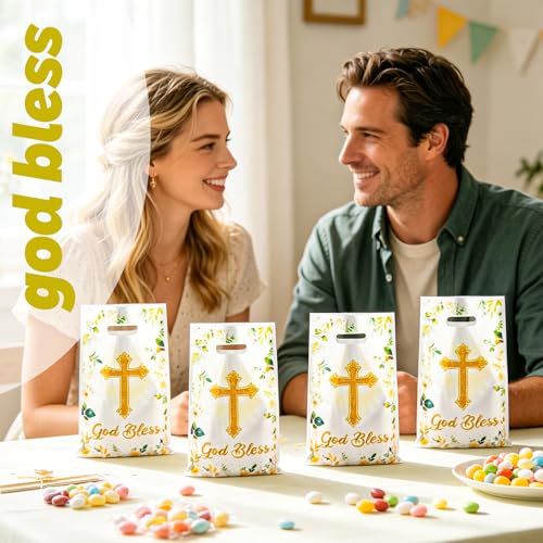 LERCTH 30 PCS God Bless Gift Bags, 6.5x9.8inches Cross & Floral Design Plastic Treat Bags with Handles, Religious Party Favor Bags for Baptism, First Communion, Confirmation & Christian Celebration Supplies - color: God bless gift bags 30 packs