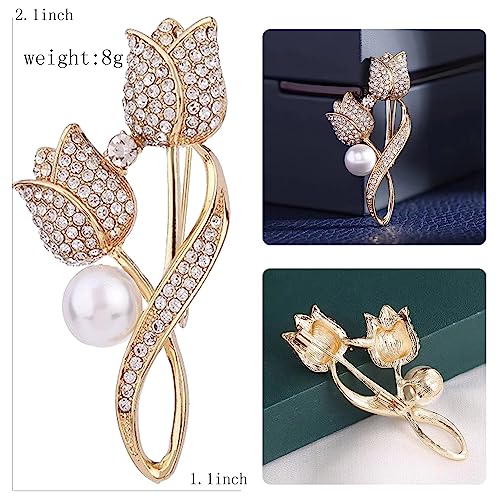 Crystal Pearl Flower Brooches Pins Fashion Beautiful Created Rhinestone Floral Brooch Good Idea for Party Dance Wedding Banquet for Elegant Women Girl - color: Gold Tulip