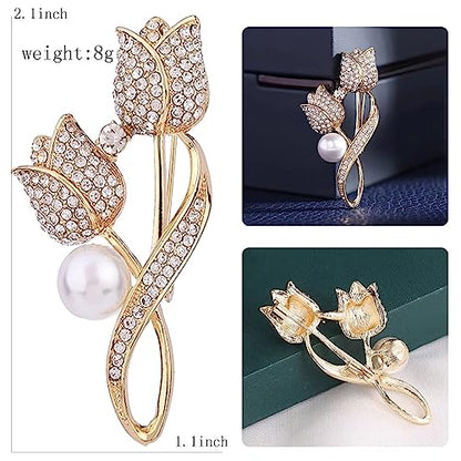 Crystal Pearl Flower Brooches Pins Fashion Beautiful Created Rhinestone Floral Brooch Good Idea for Party Dance Wedding Banquet for Elegant Women Girl - color: Gold Tulip