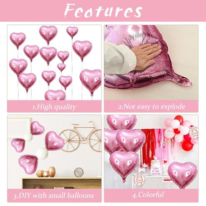 Laser Pink Heart Balloons, 10PCS Glitter Foil for Girls Birthday Valentine - color: Laser Pink