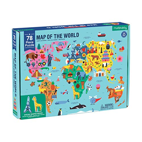 Mudpuppy Map of The World – 78 Piece Geography Puzzle with Special Shaped Pieces and Iconic Landscapes Cultural Items and More - style: Map of the World