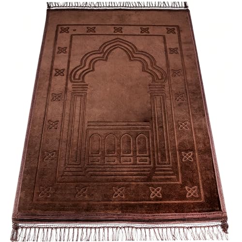 Muslim Prayer Rug Brown Soft Velvet Islamic Sajadah Prayer Mat with Tassels 31.5 x 47.2 in for Home Mosque Travel