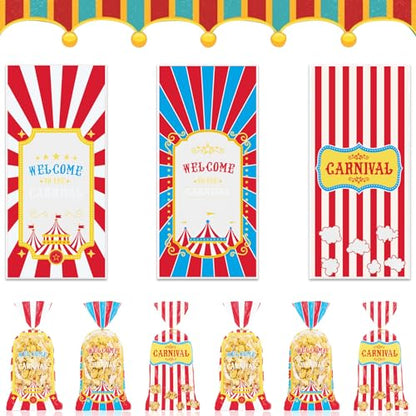 Threetols 120 Pcs Carnival Cellophane Bags - Stripe Plastic Bags with Twist Ties for Circus, Baby Shower, Party Favor - color: blue