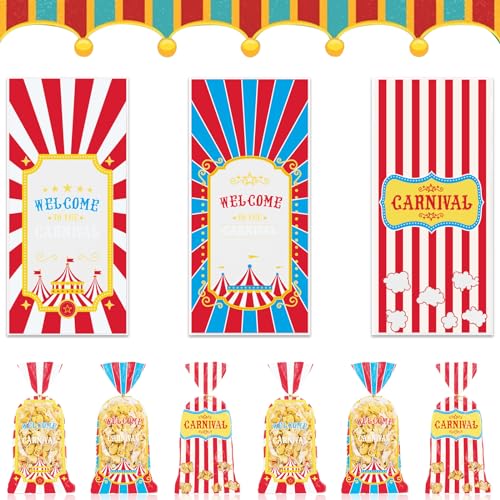 Threetols 120 Pcs Carnival Cellophane Bags - Stripe Plastic Bags with Twist Ties for Circus, Baby Shower, Party Favor - color: blue
