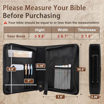 Classic Leather Bible Cover Case with Cross Design and Handle for Men Women, Durable Bible Study Supplies Organizer Carrying Bag, Perfect Christmas Gifts for Christians with Gift Box（Black