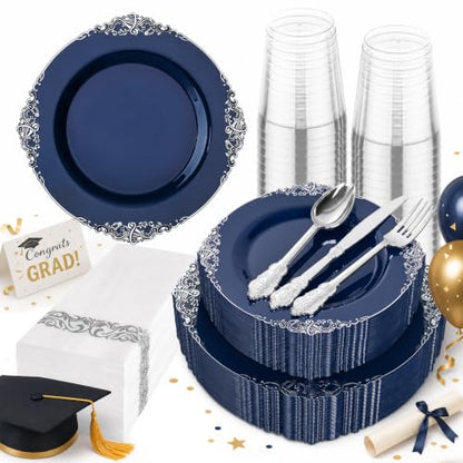 Hioasis 175pcs Blue and Silver Plastic Plates - Elegant Disposable Dinnerware Set Suitable for 25 Guests Include 10.25" Dinner & 7.5" Dessert Plates, Cutlery, Napkins, Cups for Party & Wedding - color: Blue and Silver