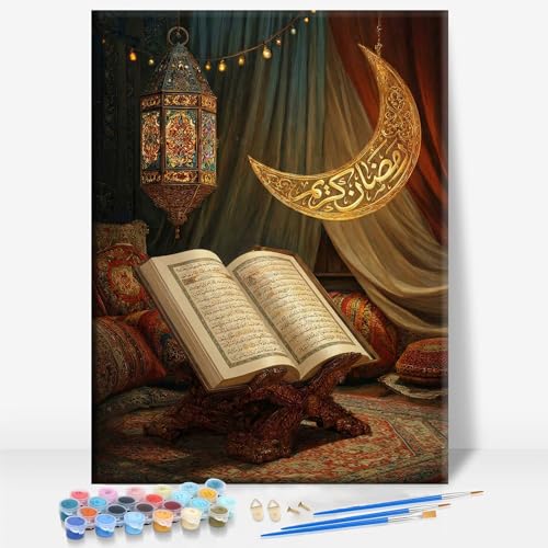 Aeontinity Gold Islamic Calligraphy Moon Quran Ramadan Islam Framed Canvas DIY Paint by Numbers Kit Bar Cafe Cave Home Room Wall Bathroom Porch Patio Decor Gift, 16 x 12 Inch - color: GOLD ISLAMIC CALLIGRAPHY MOON QURAN RAMADAN - 16 x 12 Inch