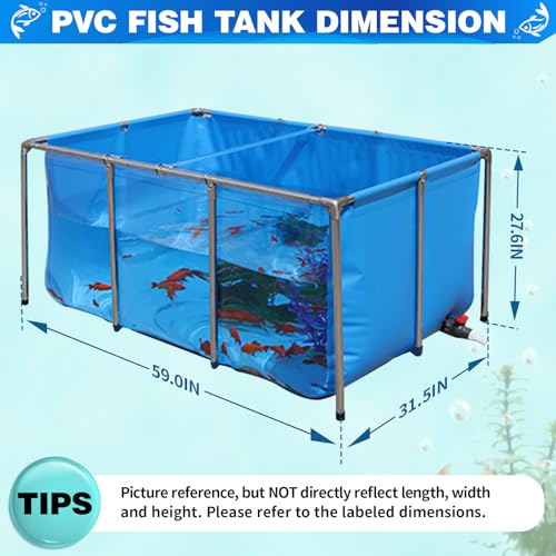 PVC KOI Aquarium Tank, Temporary Fish Tank with Clear Viewing Panel, KOI/Goldfish Pond with 304SS Frame & Drain Valve(59.0" L*31.5" W*27.6" H, About 200Gal Water Capacity) - size: 59 Inch