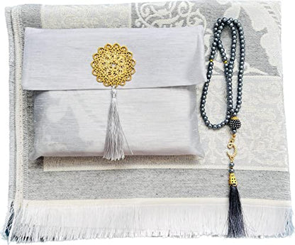 Muslim Prayer Rug and Beads with Elegant Slub Fabric Bag | Janamaz | Sajadah | Soft Islamic Prayer Rug | Islamic & Mawlid Gifts | Prayer Carpet Mat, Taffeta Fabric (Grey, 8 Sets) - color: Grey, size: 8 Sets