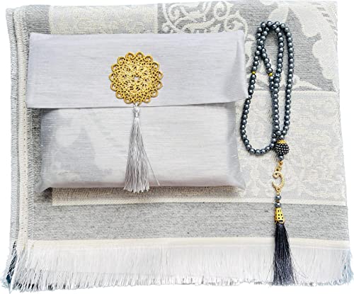Muslim Prayer Rug and Beads with Elegant Slub Fabric Bag | Janamaz | Sajadah | Soft Islamic Prayer Rug | Islamic & Mawlid Gifts | Prayer Carpet Mat, Taffeta Fabric (Grey, 8 Sets) - color: Grey, size: 8 Sets