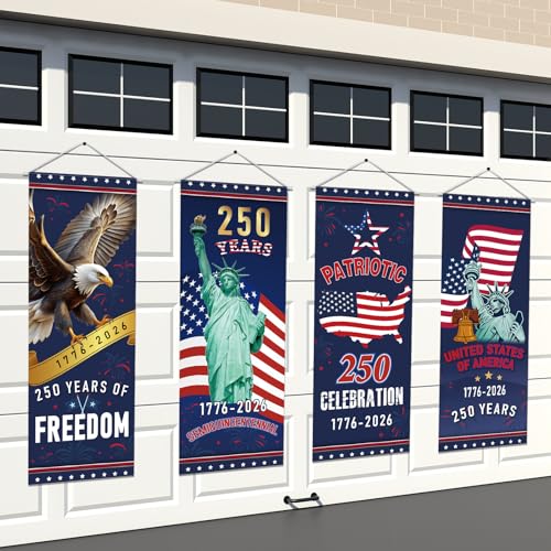 Panelee 4 Pcs 250th Anniversary Banner Decoration Patriotic American Flag Porch Banner 250th Anniversary Hanging Backdrop for Independence Day 4th of July Wall Indoor Outdoor Decor - style: 250th