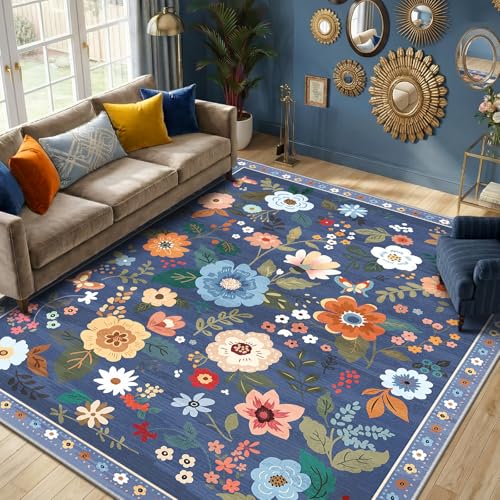 RELEANY Floral Washable 8x10 Area Rugs Blue/Grey - color: Blue/Grey, size: 8' x 10' (Rectangular)