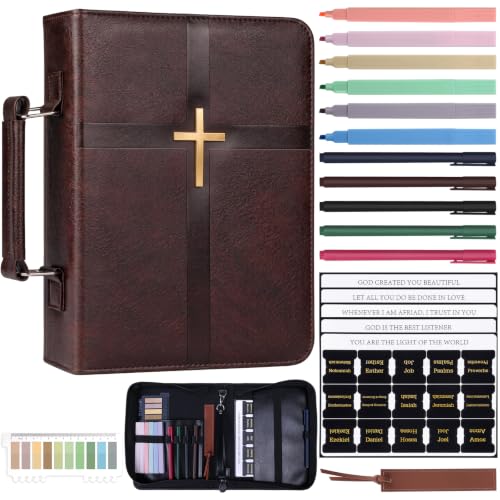 XKDOUS Bible Cover for Men Leather Bible Bag Large Book Carrying Case Kit - color: Coffee With Embossed Cross