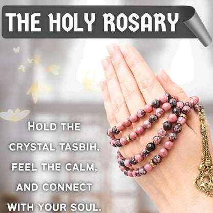 Amazing Gemstone Crystal Tasbeeh with Moon and Star Charm - Certified Crystal Muslim Prayer Beads Natural Gemstone Tasbih Gift for Ramadan Dhikr and Daily Namaz (G) - color: Rhodonite