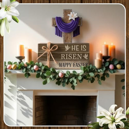 4 Pcs Easter Decorations He is Risen Wooden Sign Christian Table Centerpiece Religious Cross Tiered Tray Decor Decorative Faux Book Stack Block (Easter) - style: Easter
