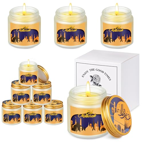 MTLEE 6 Pcs Ramadan Mubarak Scented Candles 3.5 oz Eid Candles Lights Ramadan Candles White Glass with Gold Lid Eid Mubarak Decorations for Home Muslim Islam Eid Gifts Festival Decor