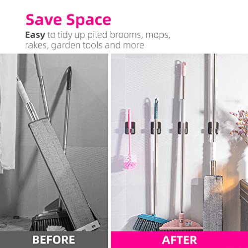 4 Pack Broom Holder Wall Mount, Improved Super Anti-Slip Mop and Broom Holder Wall Mount, Broom Hanger Gripper for Kitchen, Bathroom, Closet, Garden Garage, Black