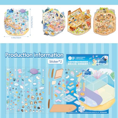 Girls 3D Miniature Scene Stickers, 4 Sets World Adventure DIY House Stickers for Space, Caves, Farms, Underwater World, Cute 3D Cartoon Sticker Scenes for Adult Kids Relief Stress Pass The Time - style: Adventure World