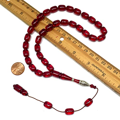 EXCLUSIVE COLLECTION -Handmade Silver Engraved Bakelite Tesbih, Tasbih, Islamic Rosary, Islamic Prayer Beads, Misbaha (8x12 mm 33 Cherry Cylinder Beads) - color: 8x12 mm 33 Cherry Cylinder Beads)