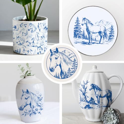 SUPERDANT 5pcs Horse Underglaze Paper Transfer Animal Transfer Papers for Clay Ceramic Porcelain Under Glaze Transfers for Pottery Enamel Decals Blue Underglaze Decal Handcrafted Gifts - style: Horses