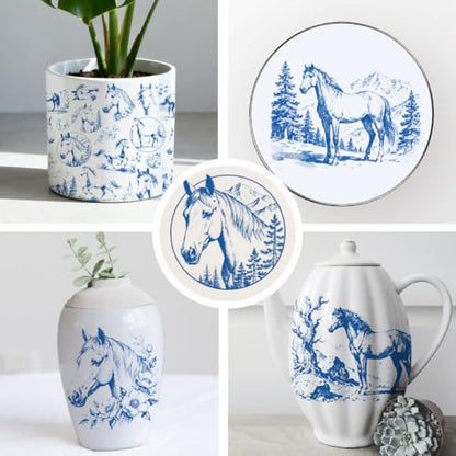 SUPERDANT 5pcs Horse Underglaze Paper Transfer Animal Transfer Papers for Clay Ceramic Porcelain Under Glaze Transfers for Pottery Enamel Decals Blue Underglaze Decal Handcrafted Gifts - style: Horses