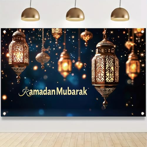 Ramadan Mubarak Lantern Banner 71x43 Inch Islamic Gold Hanging Lamp Wall Banner with Star Lights for Ramadan Eid Party Home Decoration Indoor Outdoor - color: Style 4