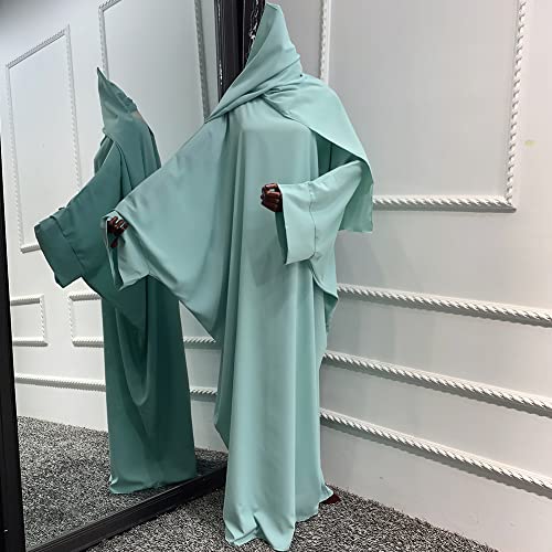 Muslim Dress for Women Pakistani Kaftan Abaya Robe + Hijab Arabic Islamic Prayer Clothes Dubai Outfits - color: Light Green Set