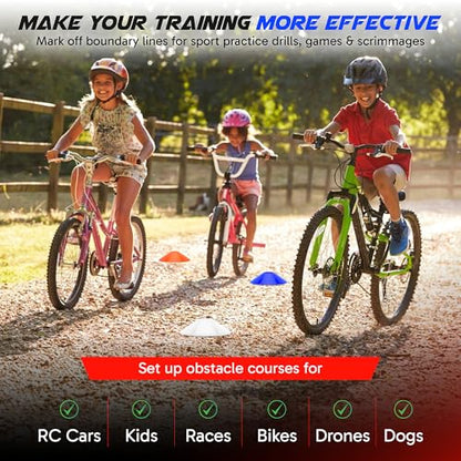 Pro Disc Cones (Set of 50) - Agility Soccer Cones with Carry Bag and Holder for Sports Training, Football, Basketball, Coaching, Practice Equipment, Kids - Includes 15 Best Cone Drills Book - color: Blue and Red