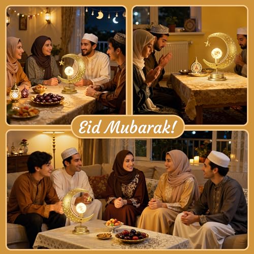 Lewondr Ramadan Moon Lamp, Crescent Moon with Star Table Lamp, Battery Powered Ramadan Desk Lamp Decorations Crescent Table Light Bedside Night Stand Desktop Living Room Home Decor, Eid Mubarak Decor - style: Crescent Moon with Star