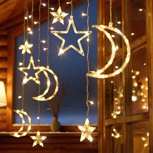 Moon and Stars Decor Curtain Lights, 11.5ft String Lights for Bedroom, Christmas, Ramadan Decor, Indoor LED Fairy Twinkle Light, Battery Operated or USB Plug-in (Warm Yellow) - color: Warm Yellow