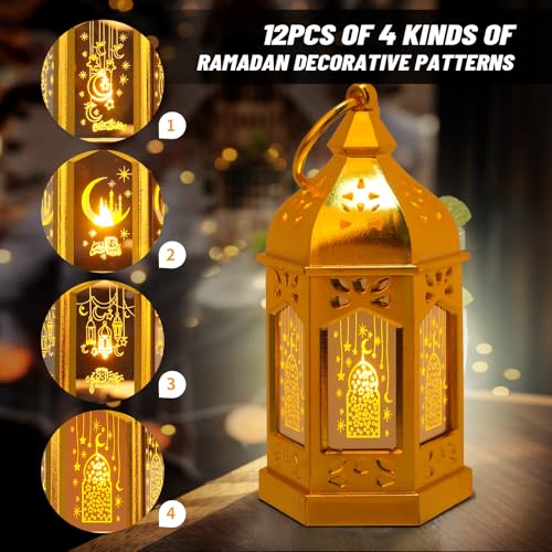 Venforze 12pcs Gold Ramadan Lantern Lights, Ramadan Decorations, Mini EID Mubarak Candle Lanterns，Ramadan Decorations for Home, Table, wall رمضان للزينة ومصباح رمضان للزينة