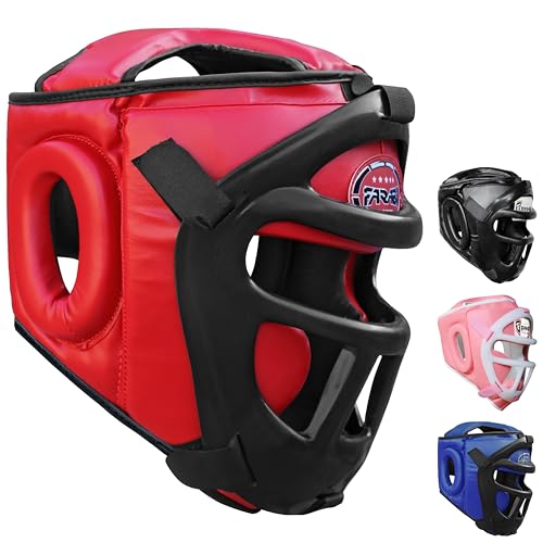 Farabi Sports Boxing Headgear Grill Head Gear MMA Training Kickboxing Sparring Gear Removable Front Bar Grill - color: Red, size: Small