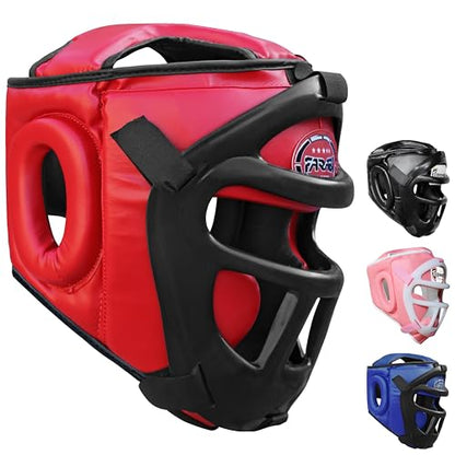Farabi Sports Boxing Headgear Grill Head Gear MMA Training Kickboxing Sparring Gear Removable Front Bar Grill - color: Red, size: Medium