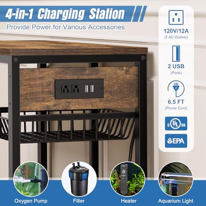 20 Gallon Fish Tank Stand with Power Outlet & Adjustable Shelves | Metal Aquarium Stand with Pull Out Wire Tray, Ample Storage for Fish Tanks Accessories, Reptile Tank Stands, Brown