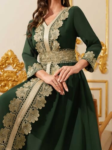 Women Muslim Abaya Kaftan Dress Lace Ethnic Moroccan Dress Eid Prayer Clothes Arabian Maxi Robe - color: Dark Green, size: X-Small
