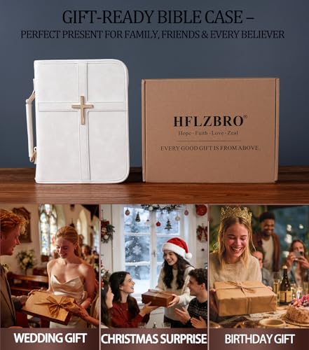 Vegan Leather Bible Cover Case, Bible Bag with Phone Pocket, Bible Case for Women, Christian Gift Box Packaging (White – with Strap) - color: White – With Strap