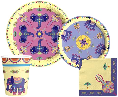 Diwali Tableware Pack: Disposable Paper Plates, Napkins and Cups Set for 20 - color: Diwali