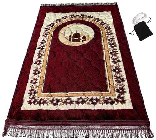 Prayer Rug Muslim Prayer Mat Islamic - Very Thick Prayer Rug Sajadah for Men Women with Islam Prayer Beads for Eid Travel Ramadan, Soft and Luxury (RED) - color: Red