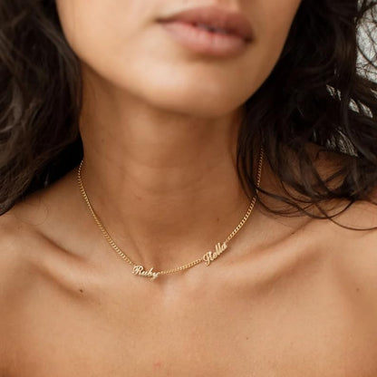 Ajiangwu 18K Gold Plated Name Necklace Personalized,Multiple Custom Name Necklace Family Necklace with Kids Names Customized Choker Necklace for Women - color: 2 Names with Curb Chain