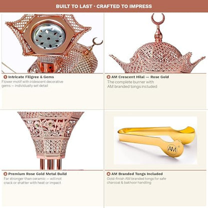 AM Bakhoor Charcoal Incense Burner - Oud Frankincense Resin Burner 10.5 Inches Tall - for Bakhoor Oud Incense Sticks Cones - Luxury Filigree (Rose Gold) - color: Rose Gold