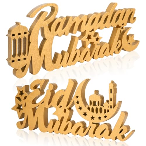 COCHIE 2 Pcs Islamic Tabletop Decors Ramadan Mubarak Wood Sign Eid Mubarak Wooden Table Centerpiece Ramadan Decorations for Home Islamic Home Decor