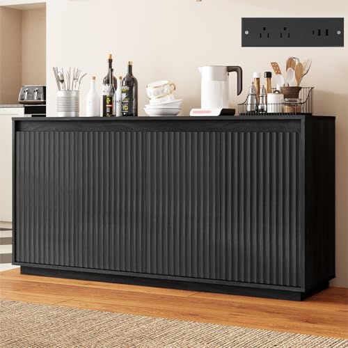 Fluted Black Sideboard Buffet Cabinet with Storage,Kitchen Sideboard with Doors and Charging Station, Accent Storage Credenza Cabinet,Coffee Bar Station for Dining Room,Entryway - color: Black