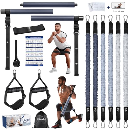Upgraded Pilates Bar Kit with Resistance Bands Natural Latex for Women & Men, Heavy-Duty Stainless Steel Multifunctional Yoga Pilates Stick for Home Gym Exercise Fitness Equipment Full-Body Workouts - color: Grey Blue