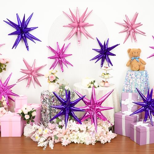 9Pcs Pink Purple Star Balloons, Explosion Spike Foil Balloons Party Decor - color: Dark Purple + Light Pink + Hot Pink